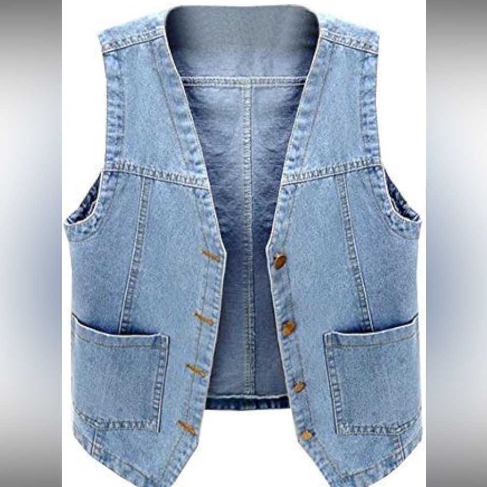 Women's Sleeveless Denim Vest V Neck Button Down Jean Waistcoat Jacket
